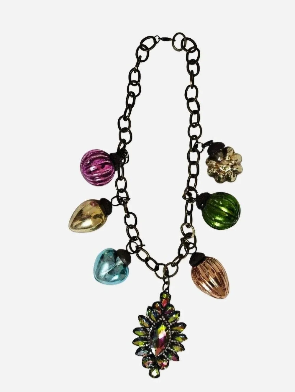 Vintage Style Holiday Charm Necklace Christmas Bulbs AB Rhinestone Brass Tone